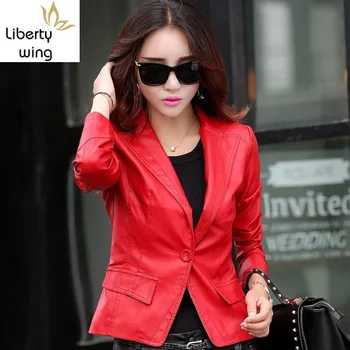  Yüksek Sokak Bahar Güz Kadın PU Deri Ceketler Kadın Motosiklet Kırmızı Ince OL Kısa Palto Bayanlar Giyim Büyük Boy M-5XL