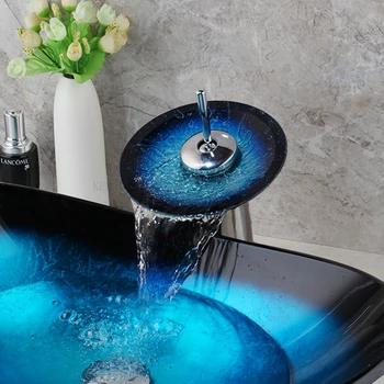  ZAPPO Mavi Temperli Cam Havzası Lavabo Lavabo Bataryası Seti Banyo Tezgah üstü Kase Tuvalet Gemi Vanity evye mikser