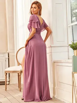  Zarif Ucuz Gelinlik Modelleri Altında 50 A-Line Scoop Kısa Kollu Yarık Şifon Uzun Düğün Parti Elbiseler Kadınlar İçin