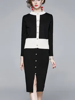  ZAWFL 2021 Sonbahar Pist Örgü Etek Takım Elbise Kadın Uzun Kollu Kazak Üst + Mini A-Line Etek Seti Metal Düğme 2 Parça Set