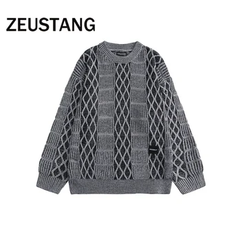  Zeustang Streetwear Moda Harajuku Kazak Örme Argyle Kazak Kazak Hip Hop O Boyun Rahat Gevşek Dış Giyim Tops
