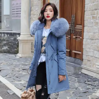  Zuolunouba Kış Yüksek Sokak Kadın Uzun Ceket Gevşek Harajuku Ince pamuklu bluz Sıcak Tutmak Kapşonlu Kalın Giysiler Dumanlı Mavi