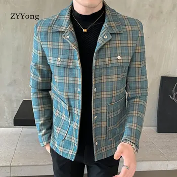  ZYYong Sonbahar Ve Kış erkek Ekose Ceket Ceket Mavi Deve Yüksek Kaliteli Yaka Ince Moda Marka günlük giysi erkek Ceket