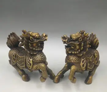  Çin archaize pirinç Tanrı canavar kirin zanaat heykeli Bir çift toplamak