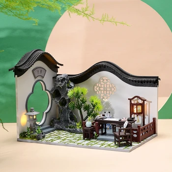  Çin Avlu DIY Ahşap Dollhouse Kiti Monte Minyatür Döşeli Dama Tahtası 3D Bebek Evi Oyuncak Çocuklar İçin Yetişkin Hediye