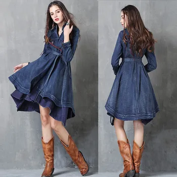  Ücretsiz Kargo 2021 Yeni Moda Uzun Siper Elbise Kadınlar İçin Vintage Denim Giyim Uzun Kollu S-L Nakış Mont İle Kemer