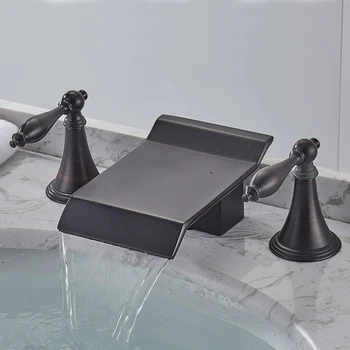  Ücretsiz kargo yeni gelenler 3 delik Kare havzası şelale musluk pirinç siyah yağ fırçalanmış yaygın havzası lavabo musluğu