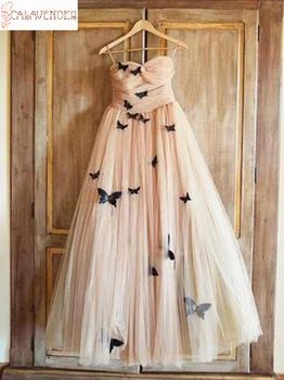  Şampanya Kelebek Vintage Stil Gelinlik A-Line Sevgiliye vestidos de novia Kat Uzunluk Kapalı Düğmeler Gelin Elbise