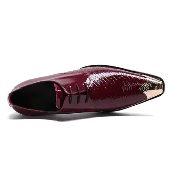  Şarap kırmızı patent hakiki deri erkek erkek ayakkabı yüksek topuklu altın çelik ayak dantel up oxford elbise sapato masculino size5-13